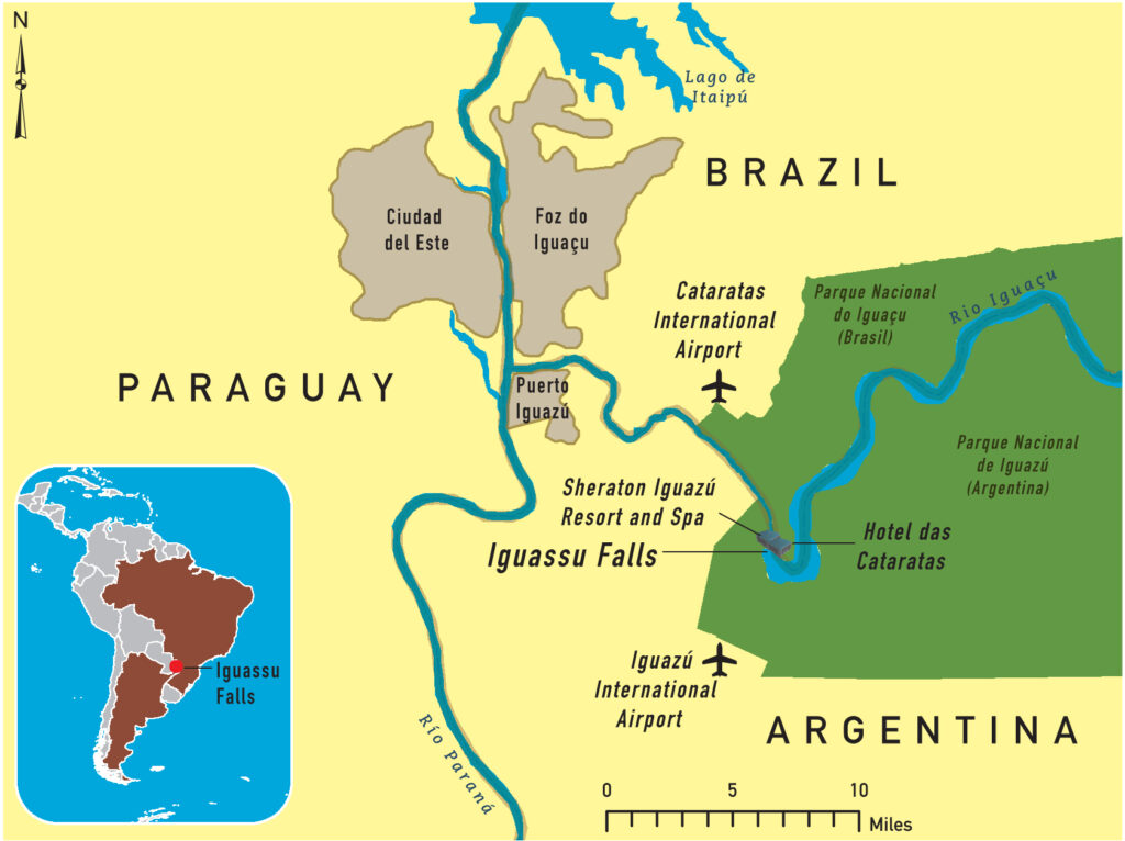 De kaart van de Iguazú / Iguaçu watervallen op de grens van Argentinië, Brazilië en Paraguay.